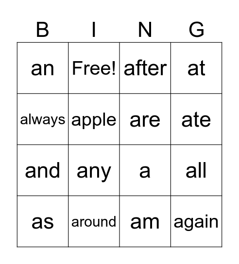 Words that Begin With The Letter A Bingo Card