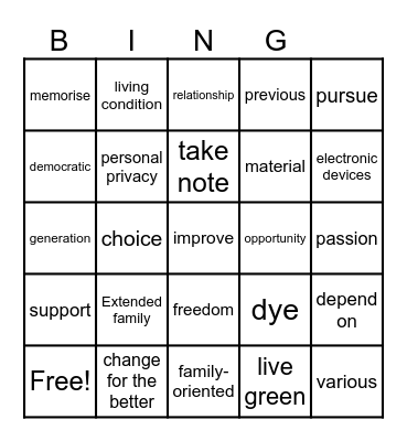 Unit 6 VOCABULARY Bingo Card
