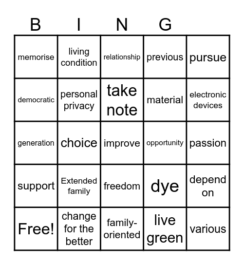 Unit 6 VOCABULARY Bingo Card