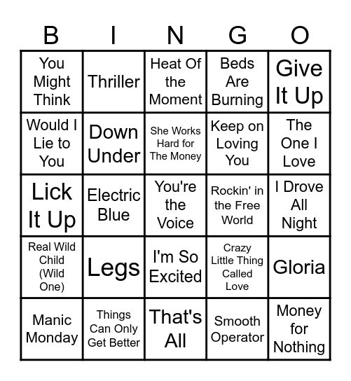 80's Super Hits Bingo Card