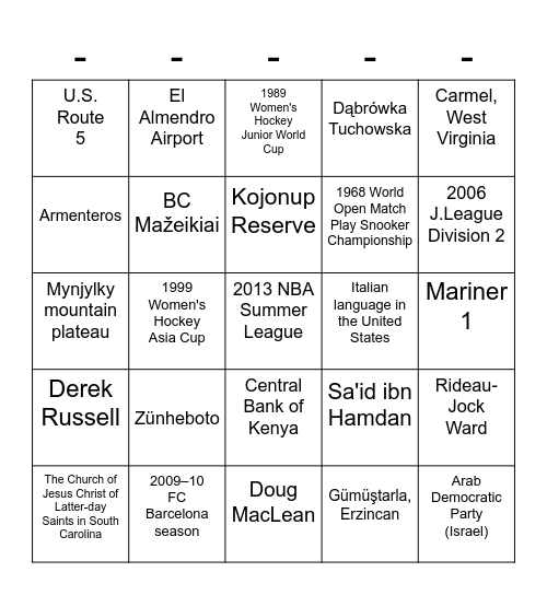 WIKIPEDIA BINGO SEASON 1 Bingo Card