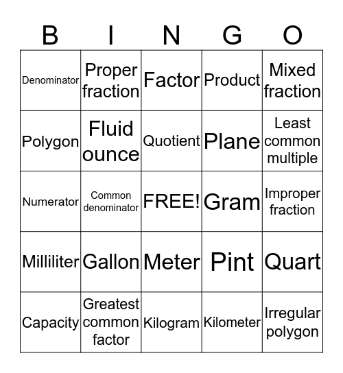 Math Bingo Card