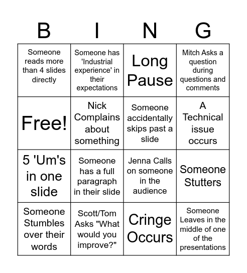 Presentation Bingo Card