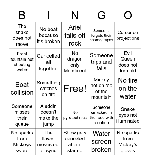 Fantasmic Fails Bingo Card