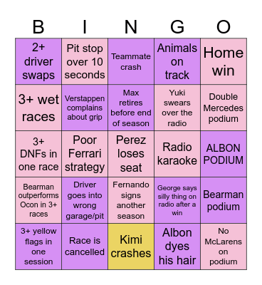 F1 Bingo Card