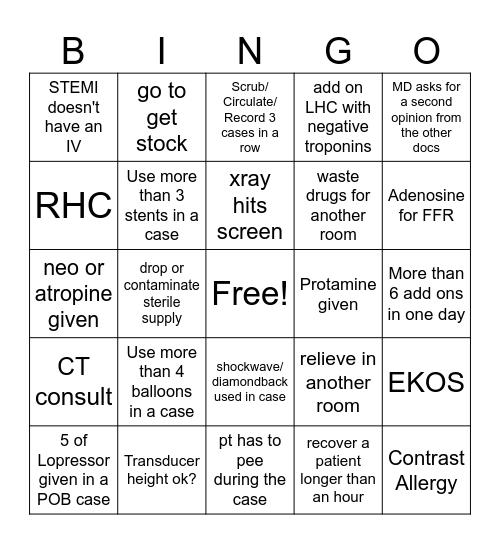 Cath Lab Bingo Card