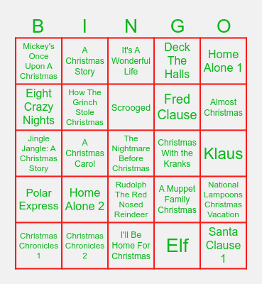 Christmas Movie Bingo Card