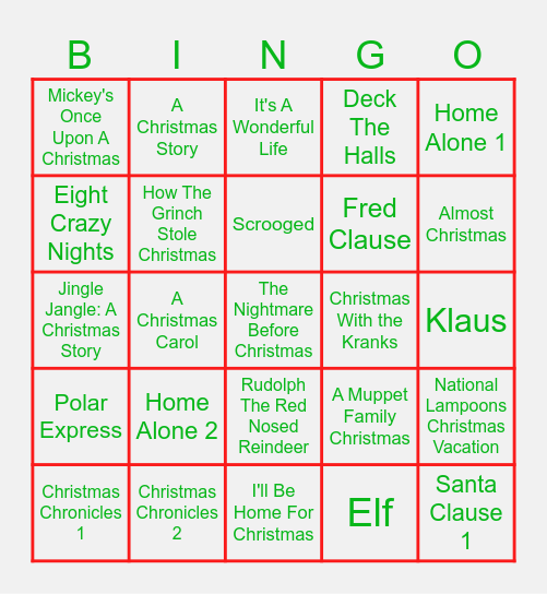 Christmas Movie Bingo Card