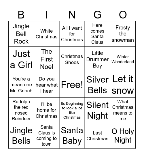 Christmas Song Bingo Card