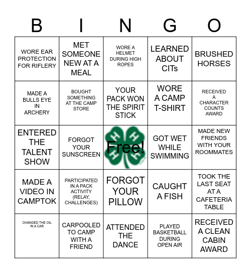 4-H CAMP BINGO Card