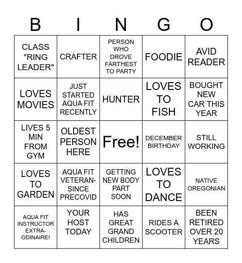 AQUA FIT CHRISTMAS BINGO Card