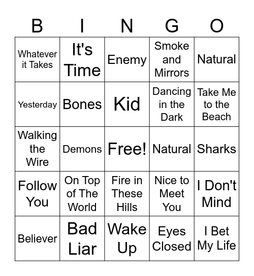 Imagine Dragons Bingo Card