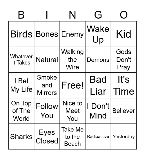 Imagine Dragons Bingo Card