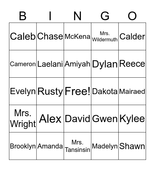 First Name Bingo! Bingo Card