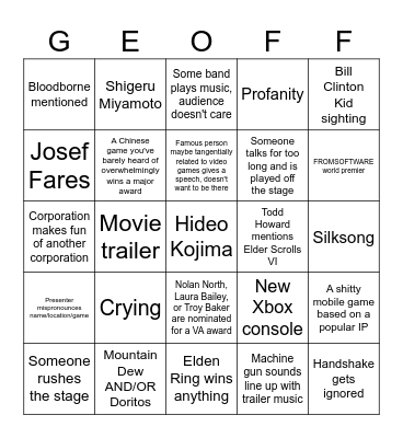 The Game Awards Bingo Card