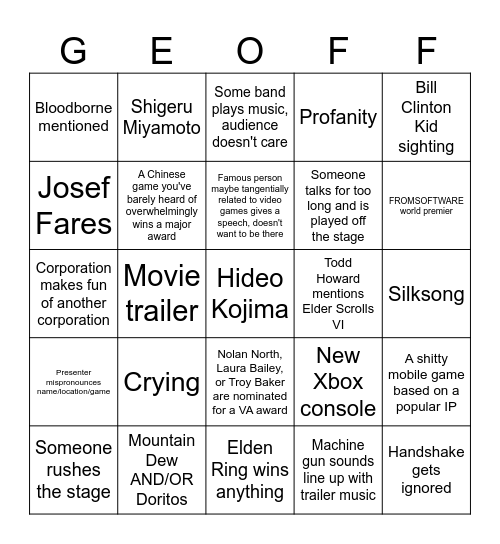 The Game Awards Bingo Card