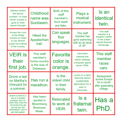 VEIR Staff Fun Facts "Bingo" Bingo Card