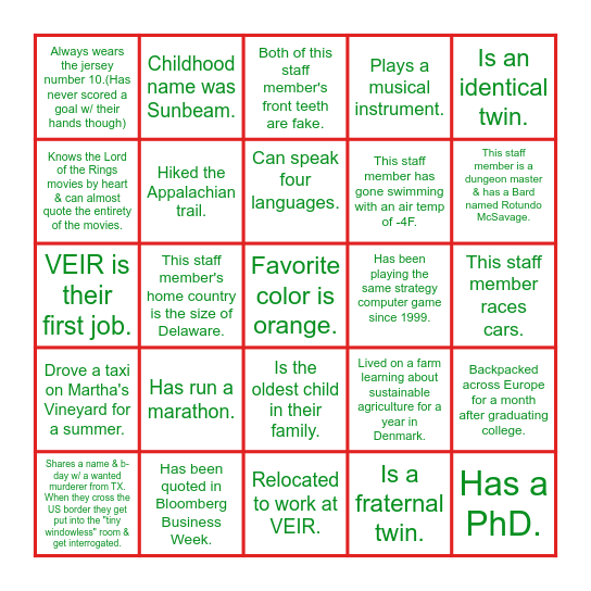 VEIR Staff Fun Facts "Bingo" Bingo Card