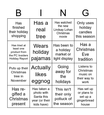 EYR Christmas Potluck Bingo Card