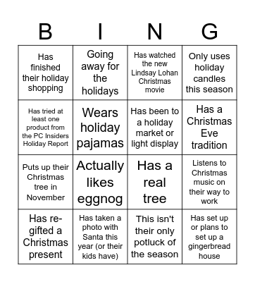 EYR Christmas Potluck Bingo Card