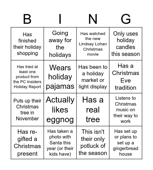 EYR Christmas Potluck Bingo Card