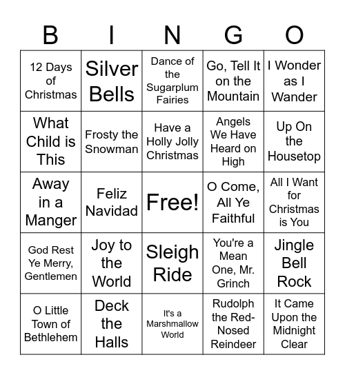 Christmas Song Bingo Card