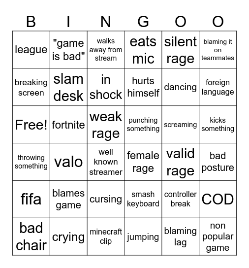 gamer rage Bingo Card