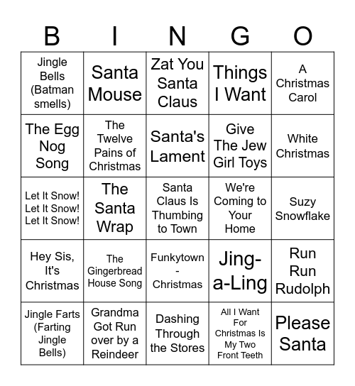 Funny Christmas Songs Bingo Card