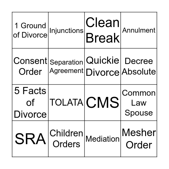 Family Law Bingo!! Bingo Card