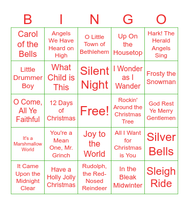 CHRISTMAS SONG BINGO Card