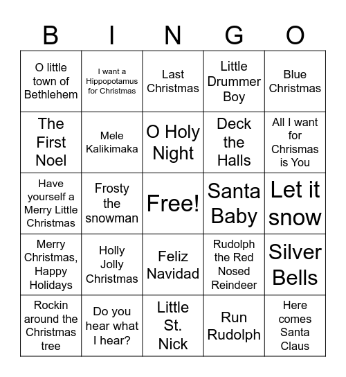 Christmas Song Bingo Card