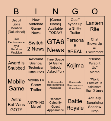 Game Awards 2024 Bingo Card
