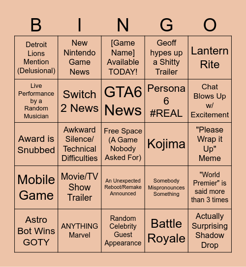 Game Awards 2024 Bingo Card