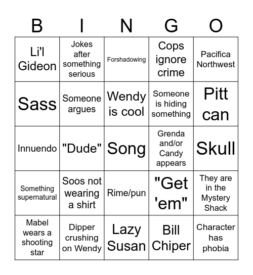 Gravity falls Bingo Card