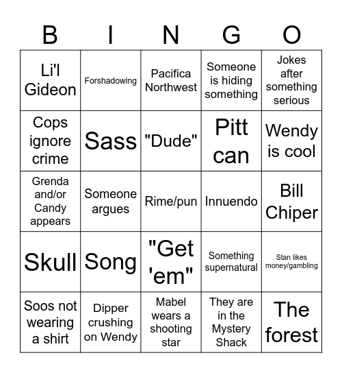 Gravity falls Bingo Card