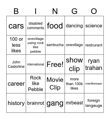YT SHORTS Bingo Card
