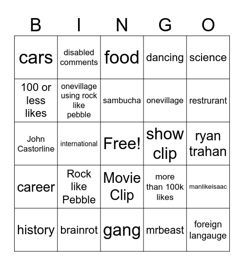 YT SHORTS Bingo Card