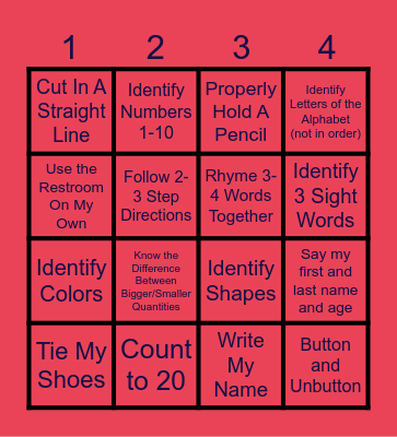 Before I Go To Kindergarten I Can... Bingo Card