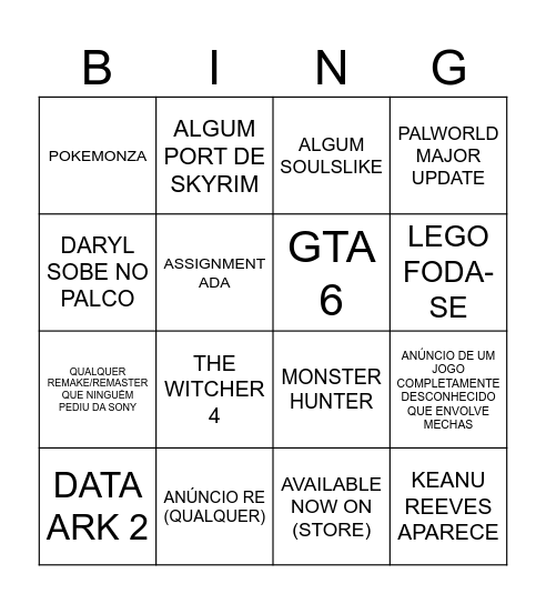 TGA Bingo Card