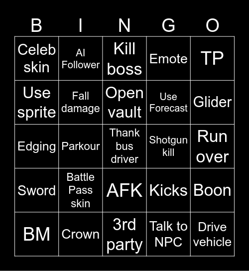 Fortnite Chapter 6 Season 1 Bingo Card