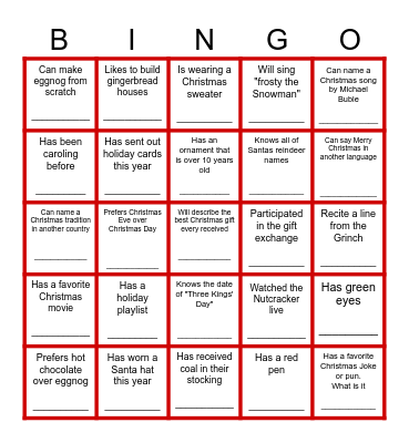 Christmas Bingo- Must be a different person on each square Bingo Card