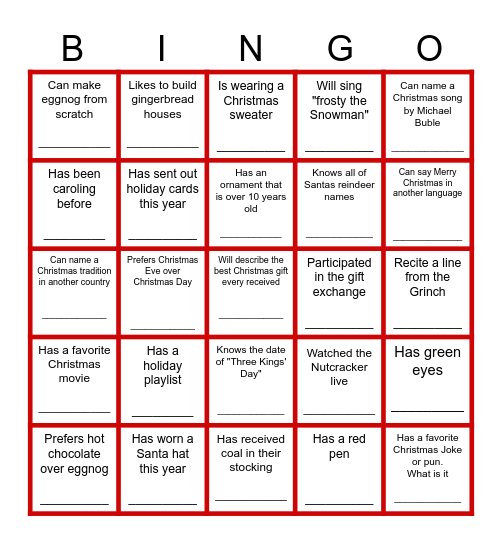 Christmas Bingo- Must be a different person on each square Bingo Card