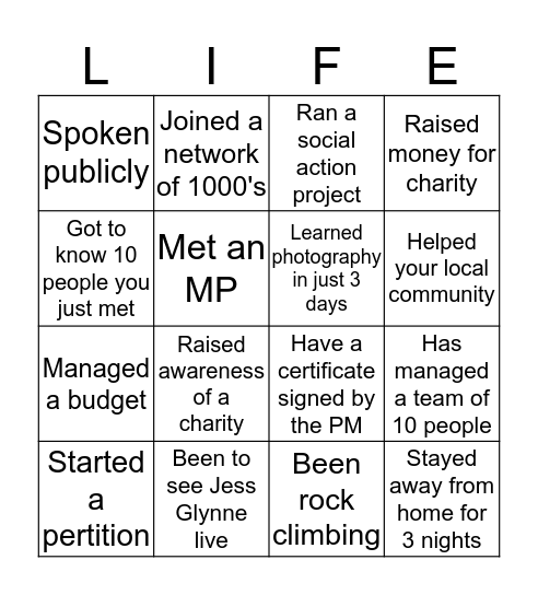 Life excprience Bingo Card