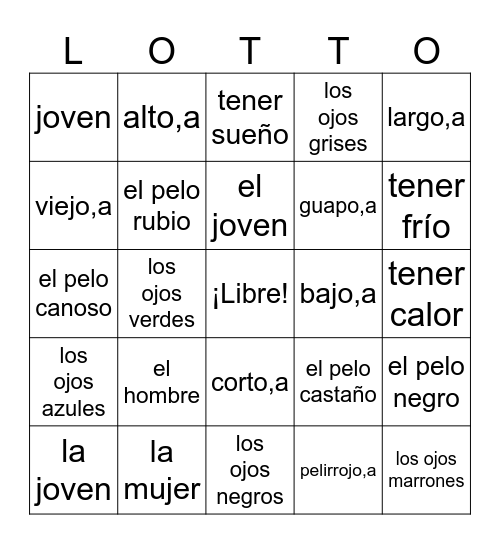 Realidades 1 Cap. 5B - Physical Descriptions Bingo Card