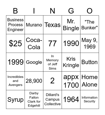 Dillard's IT Christmas Lunch Bingo Card