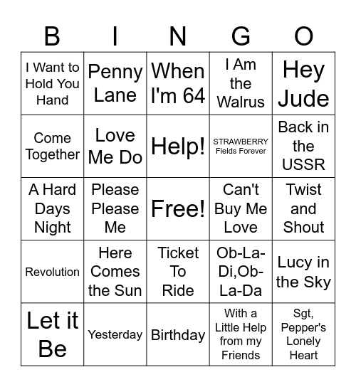 Beatle-Mania Bingo Card