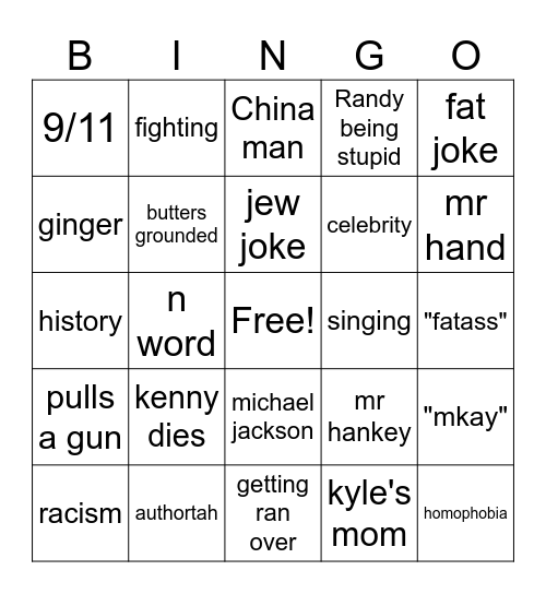 South Park Bingo Card