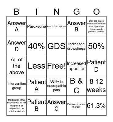 Geriatric Depression Bingo Card