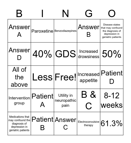 Geriatric Depression Bingo Card