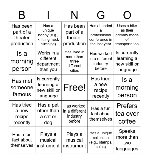 Holiday Networking Bingo Card